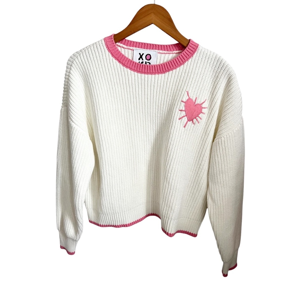 Kerri Rosenthal Ribbed White & Pink Lovecore Heart Crew Neck Sweater Size Large